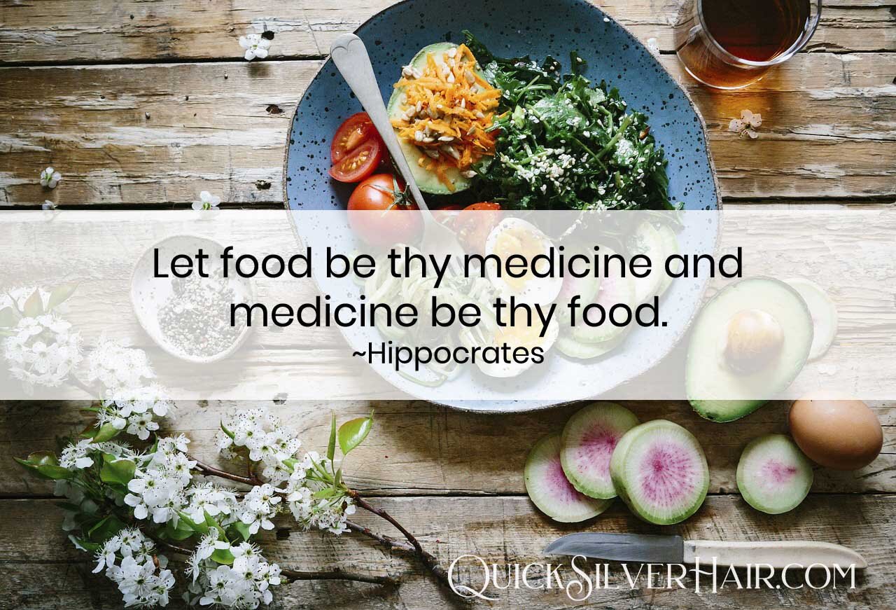 Image of tabletop with plate of nutritious food and the quote by Hippocrates "let food be thy medicine and medicine be thy food"