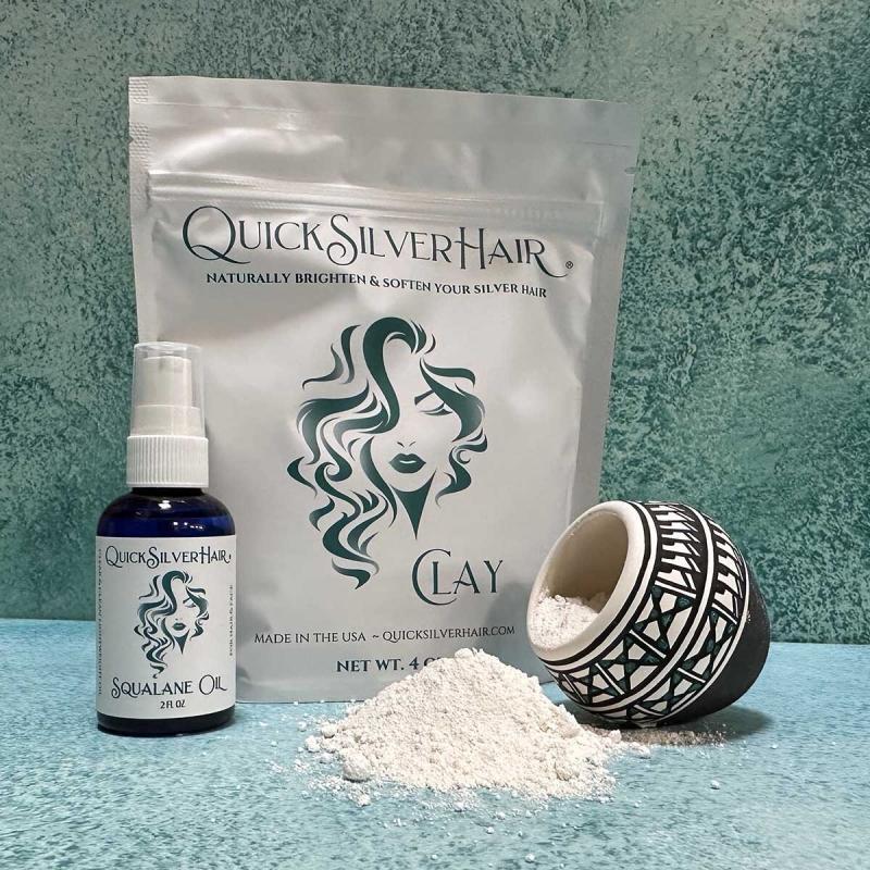 QuickSilverHair Squalane Kit, including bag of clay and bottle of oil.