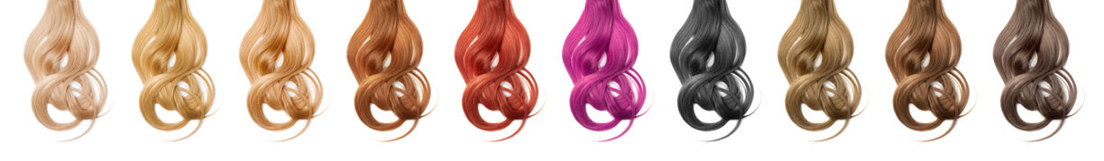 Collection various colors of wavy hair on white background