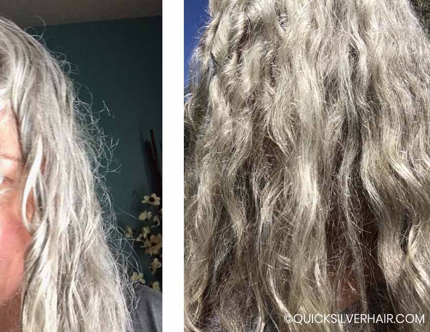 image of silver curly hair with dry frizz