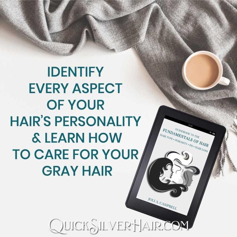 Image of kindle style ebook of Guidebook to the Fundamentals of Hair with text "identify every aspect of your hair’s personality & Learn How to care for Your Gray Hair"