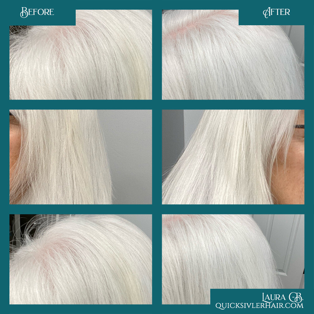 Collage of before and after using quicksilverhair on white hair.