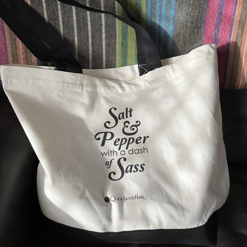 "Salt & Pepper with a dash of sass" on a black and white cotton tote bag