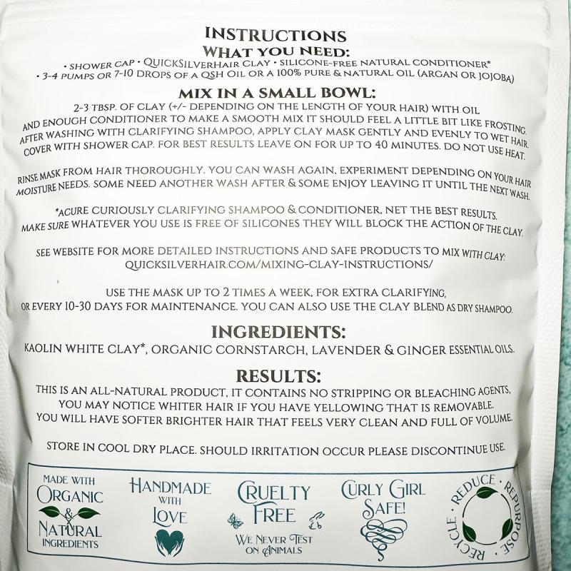 back of QuickSilverHair clay bag, showing instructions, ingredients, also provided below image in description box.