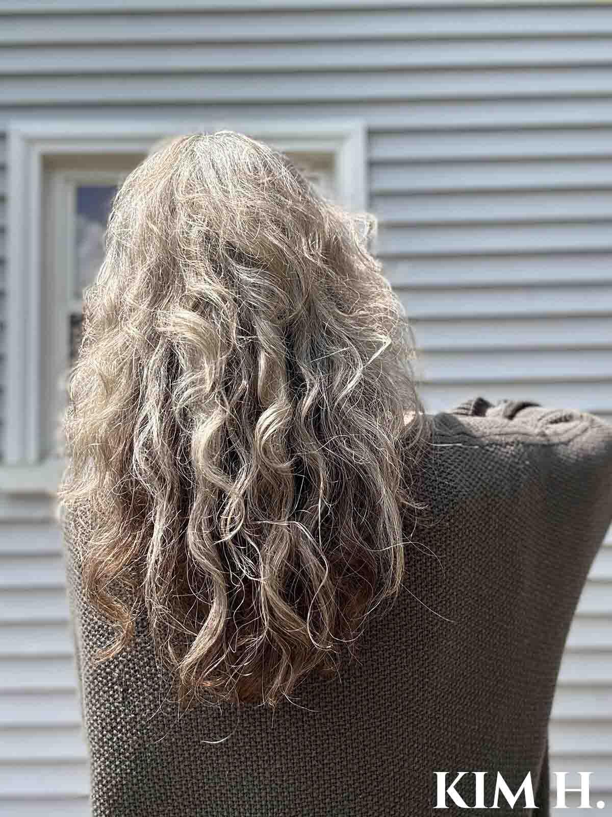 Woman facing away with long wavy silver hair.