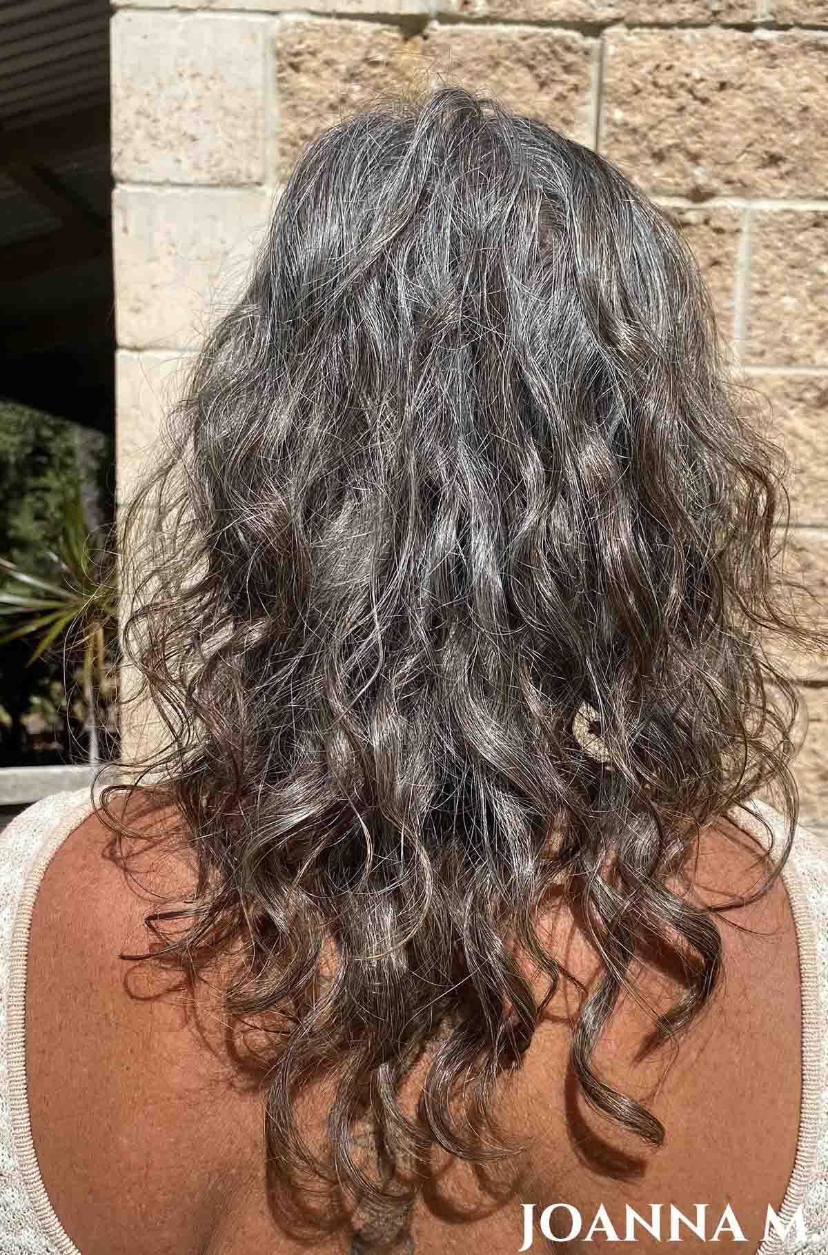 Woman facing away with shoulder length wavy dark silver hair.