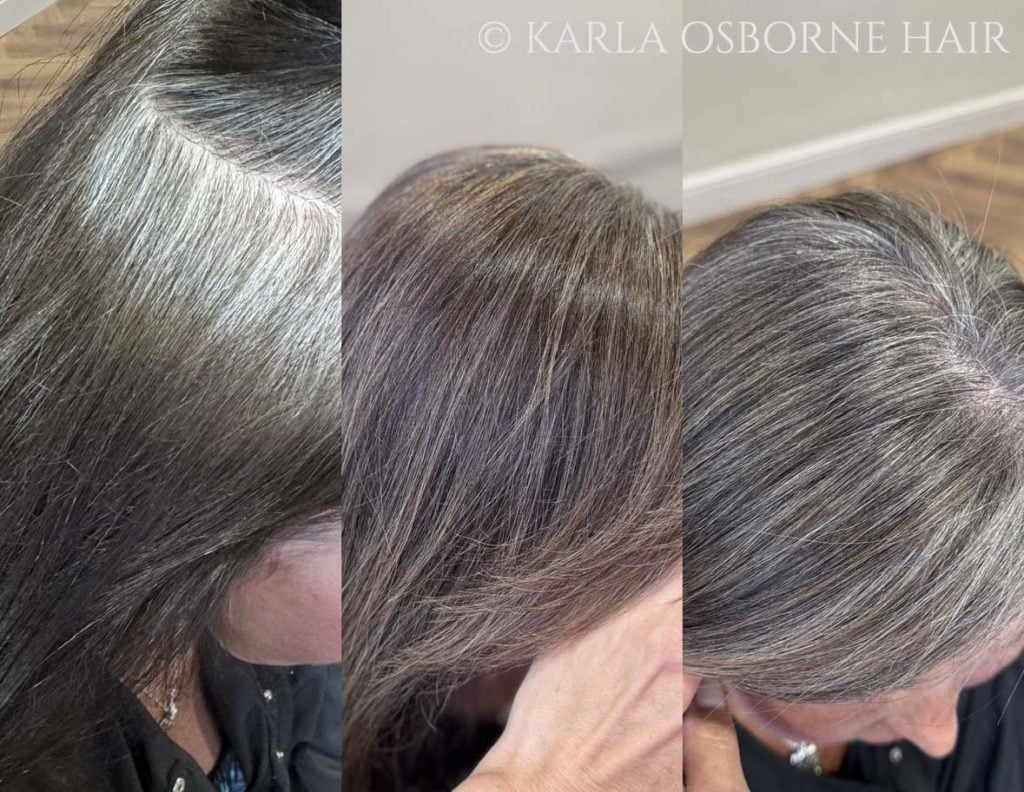Karla Osborne Gray Blending on Dark Brown Hair Client before and after photo