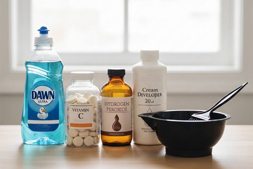 AI Image of peroxide, developer, baking soda, detergent, vitamin c, and a hair dye mixing bowl.<br />
